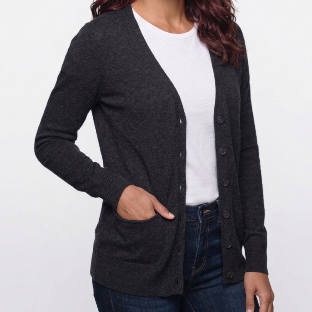 Ann Taylor LOFT Cardigan Women XS Charcoal Gray V-Neck Button Front Pockets